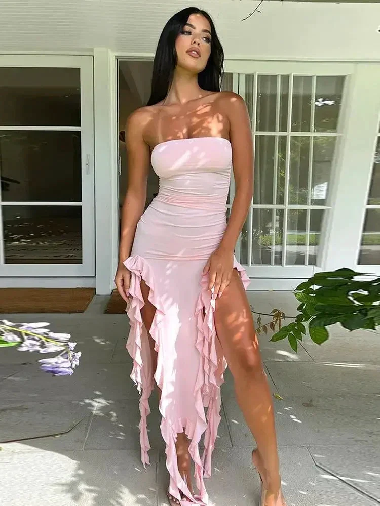 Pink Strapless Ruffle Evening Dress Women Sexy Bodycon Fringe Elegant Sleeveless Backless Holiday Club Party Dress Y6438 - Image 3