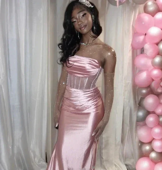 Pink Strapless Satin Mermaid Evening Dress Long Prom Dress Y7721 - Image 2