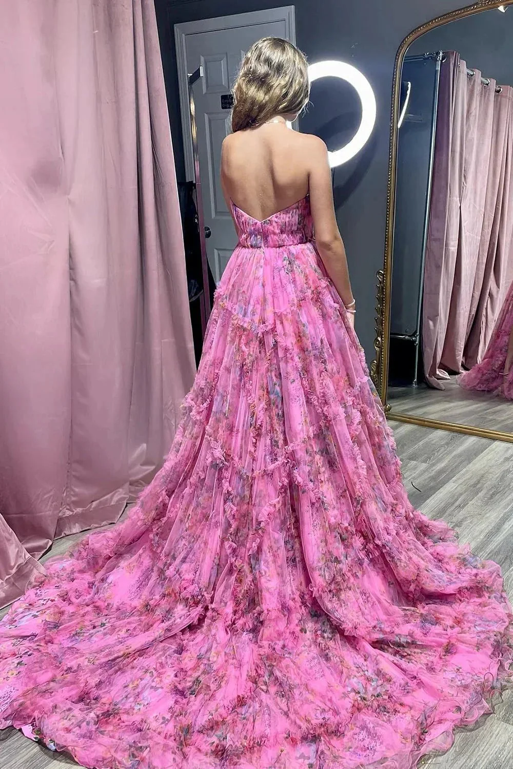 Izabella |A-Line Sweetheart Floral Printed Tulle Prom Dress with Slit - Image 2