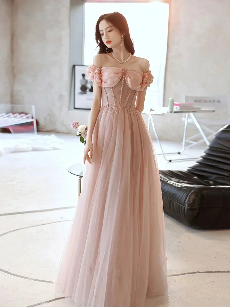 Pink Sweetheart Neck Tulle Beads Long Prom Dress, Pink Evening Dress,Y2406 - Image 2