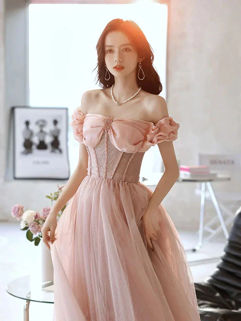 Pink Sweetheart Neck Tulle Beads Long Prom Dress, Pink Evening Dress,Y2406 - Image 3