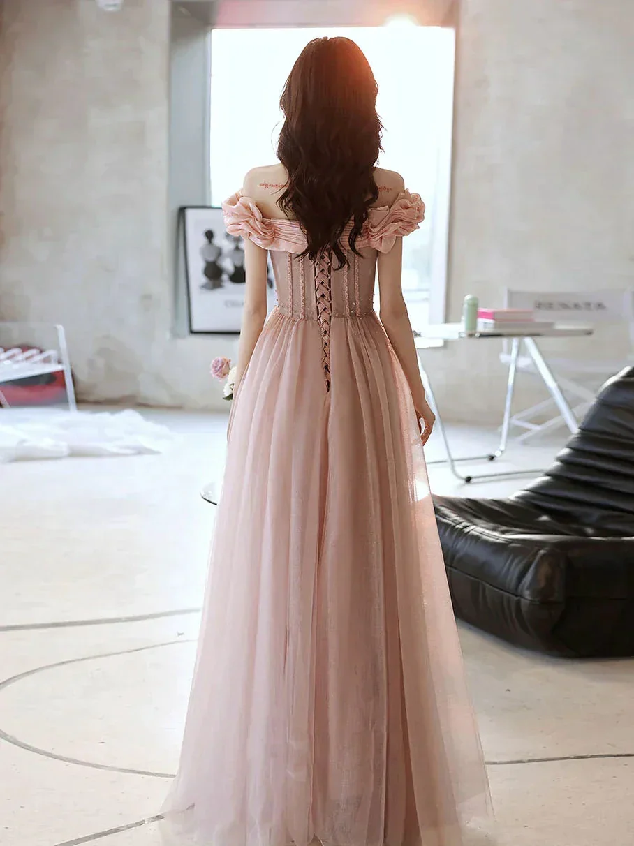 Pink Sweetheart Neck Tulle Beads Long Prom Dress, Pink Evening Dress,Y2406 - Image 4