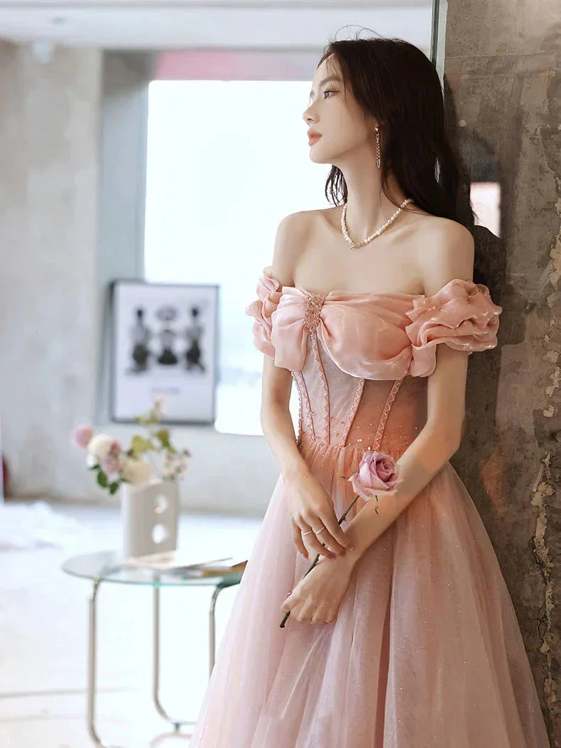 Pink Sweetheart Neck Tulle Beads Long Prom Dress, Pink Evening Dress,Y2406 - Image 5