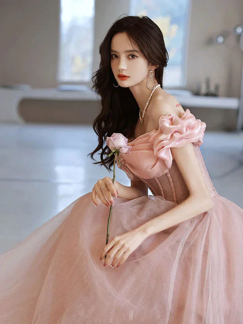 Pink Sweetheart Neck Tulle Beads Long Prom Dress, Pink Evening Dress,Y2406 - Image 6