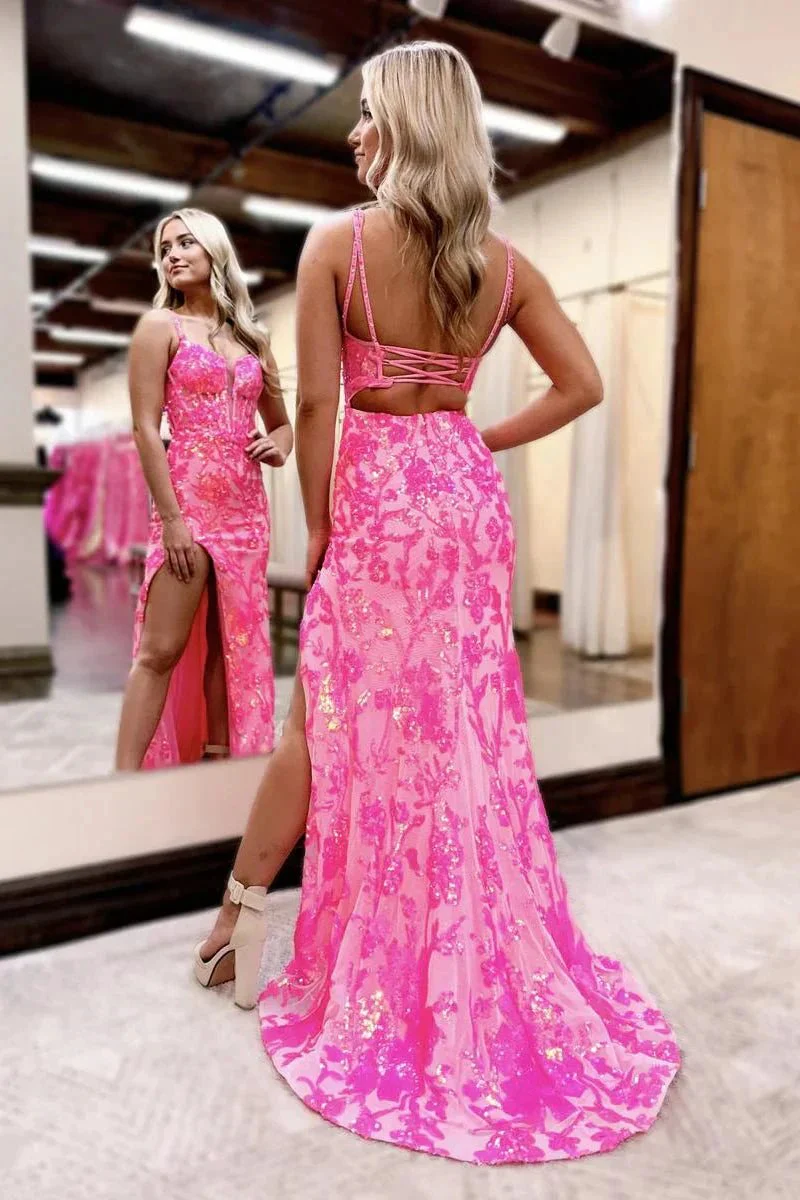 Pink Sweetheart Sequins Lace Mermaid Prom Dresses with Slit - Image 2