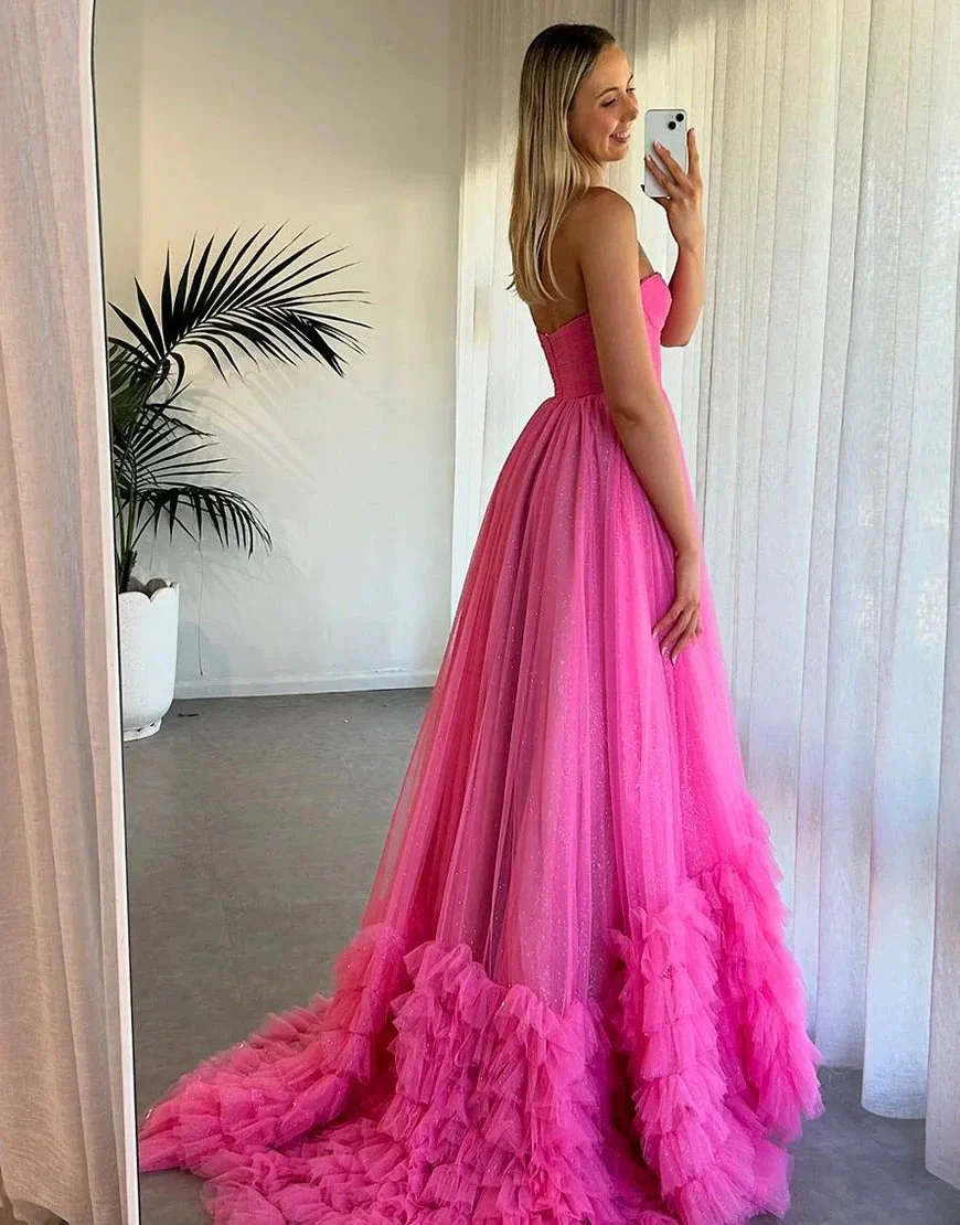 Rachael | Pink Sweetheart Tiered Tulle Long Prom Dresses - Image 2