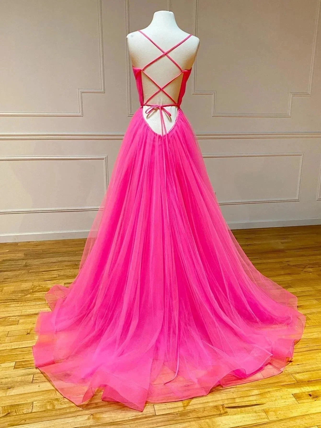 Pink Tulle A Line Ruffles Long Prom Dress - Image 2