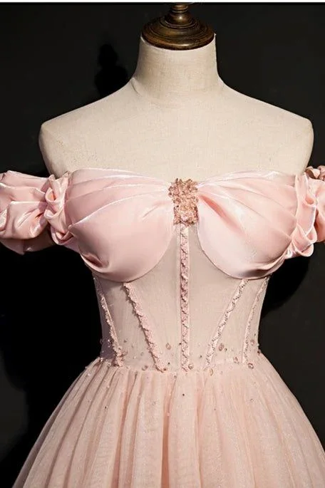 Pink Tulle Beaded Princess Prom Dress Off The Shoulder Ball Gown Evening Dress Y7584 - Image 2