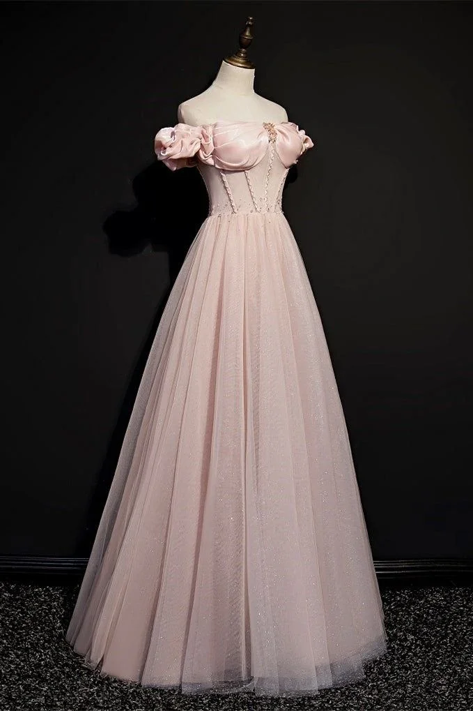 Pink Tulle Beaded Princess Prom Dress Off The Shoulder Ball Gown Evening Dress Y7584 - Image 3