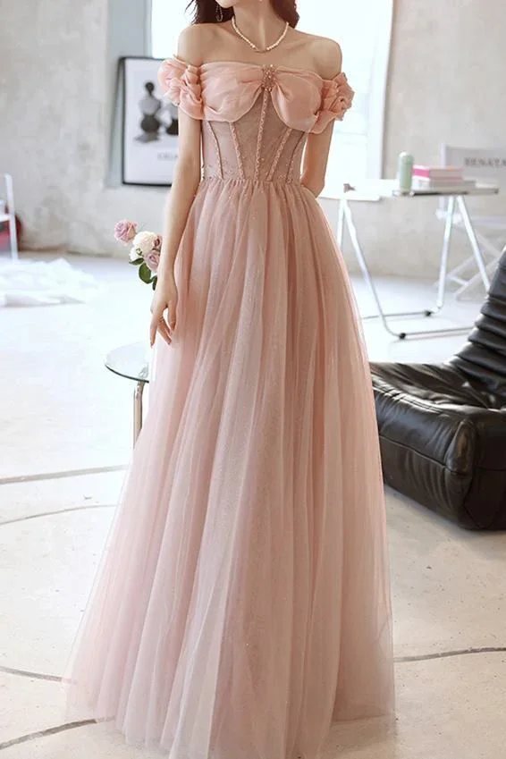 Pink Tulle Beaded Princess Prom Dress Off The Shoulder Ball Gown Evening Dress Y7584 - Image 4