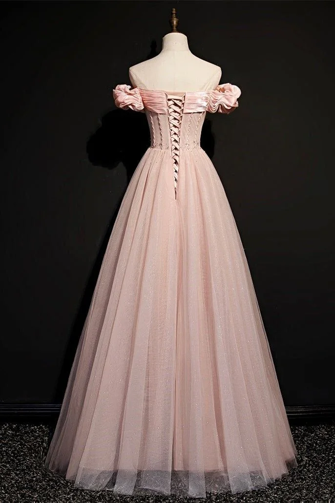 Pink Tulle Beaded Princess Prom Dress Off The Shoulder Ball Gown Evening Dress Y7584 - Image 5