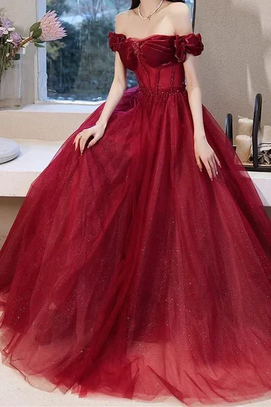 Pink Tulle Beaded Princess Prom Dress Off The Shoulder Ball Gown Evening Dress Y7584 - Image 6