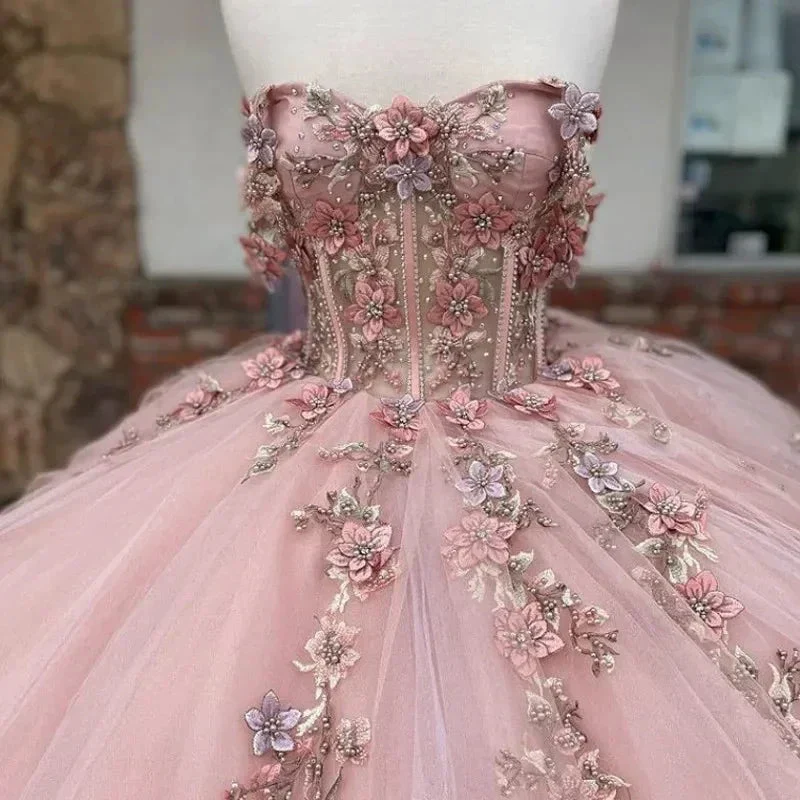 Pink Tulle Floral Appliques Ball Gown Sweet 16 Dress Y527 - Image 2