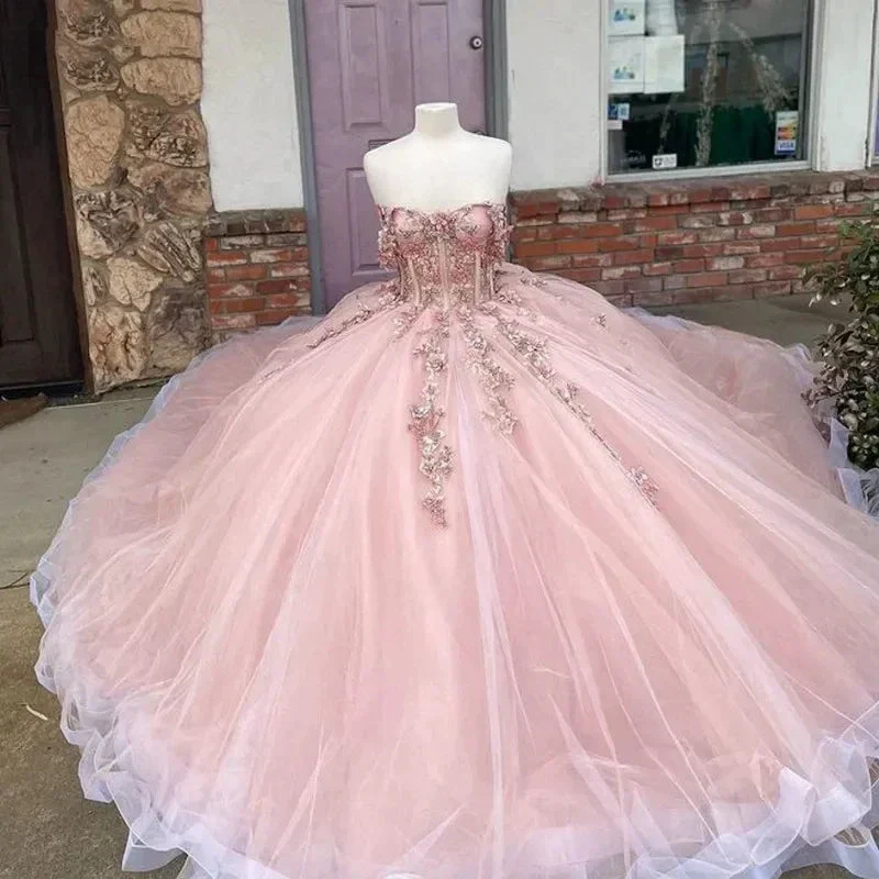Pink Tulle Floral Appliques Ball Gown Sweet 16 Dress Y527 - Image 4