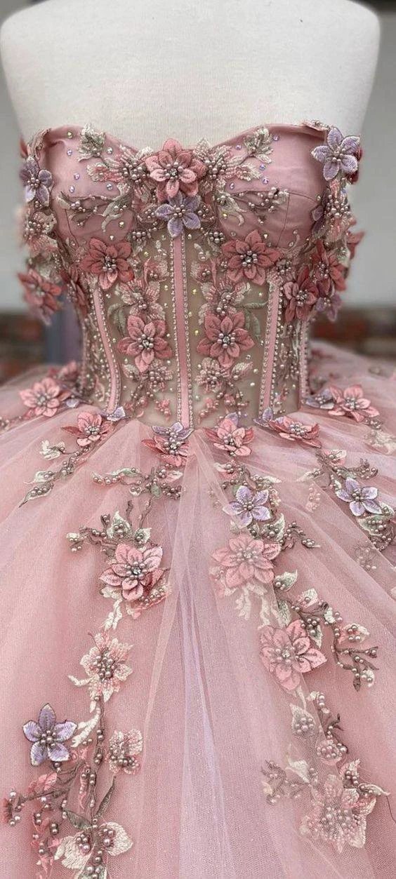 Pink Tulle Floral Appliques Ball Gown Sweet 16 Dress Y527 - Image 6
