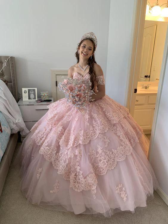 Pink Tulle Lace Ball Gown Sweet 16 Dress Y823 - Image 2