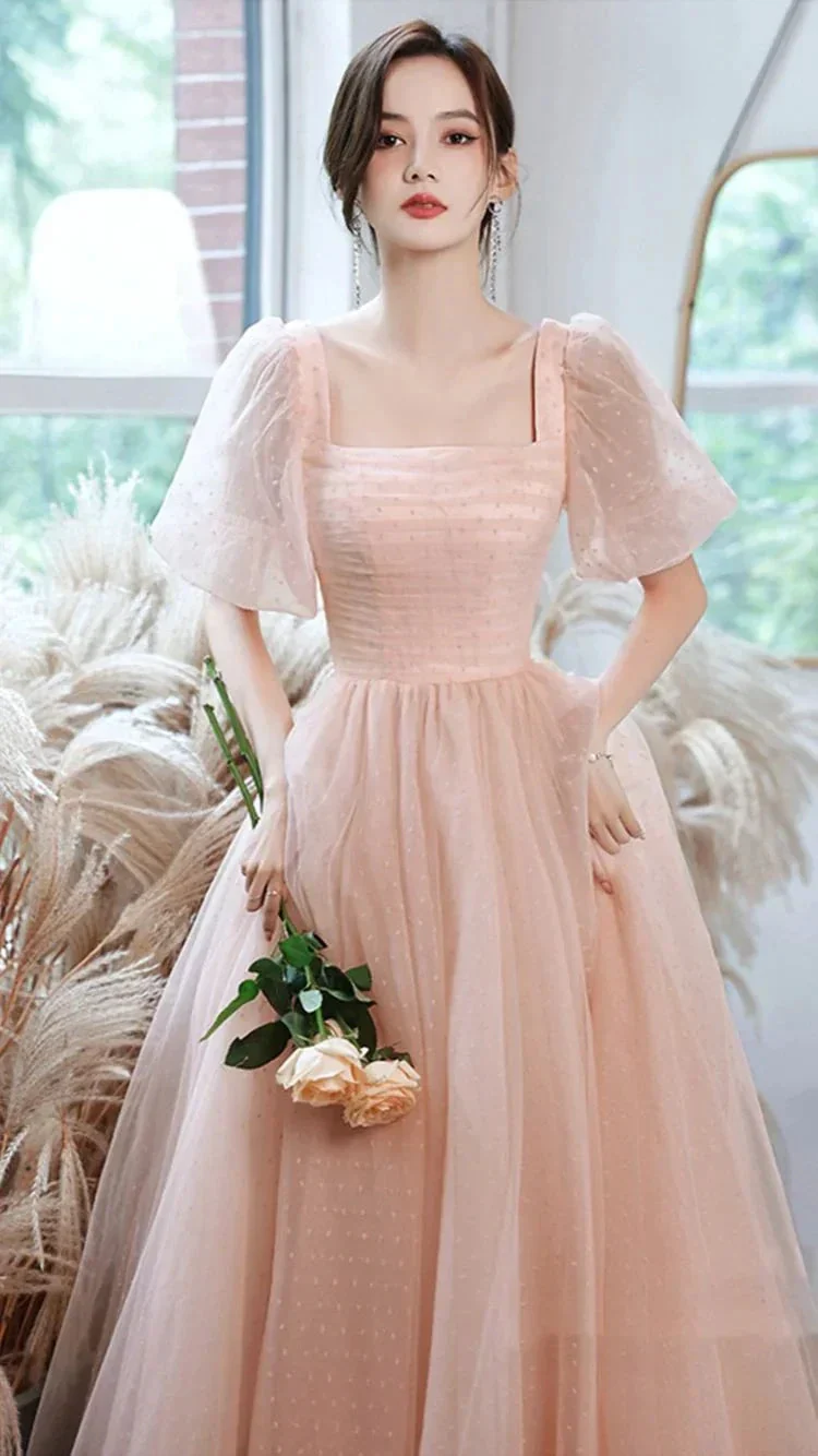 Pink tulle long A line prom dress pink evening gown Y1926 - Image 2