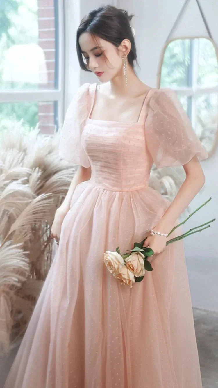 Pink tulle long A line prom dress pink evening gown Y1926 - Image 3