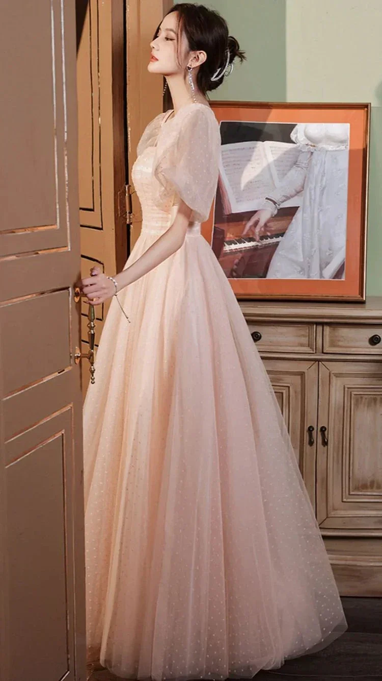 Pink tulle long A line prom dress pink evening gown Y1926 - Image 4