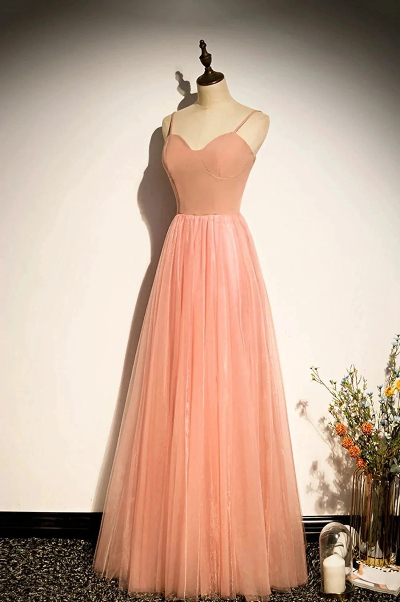 Pink tulle long prom dress A line evening dress s92 - Image 3