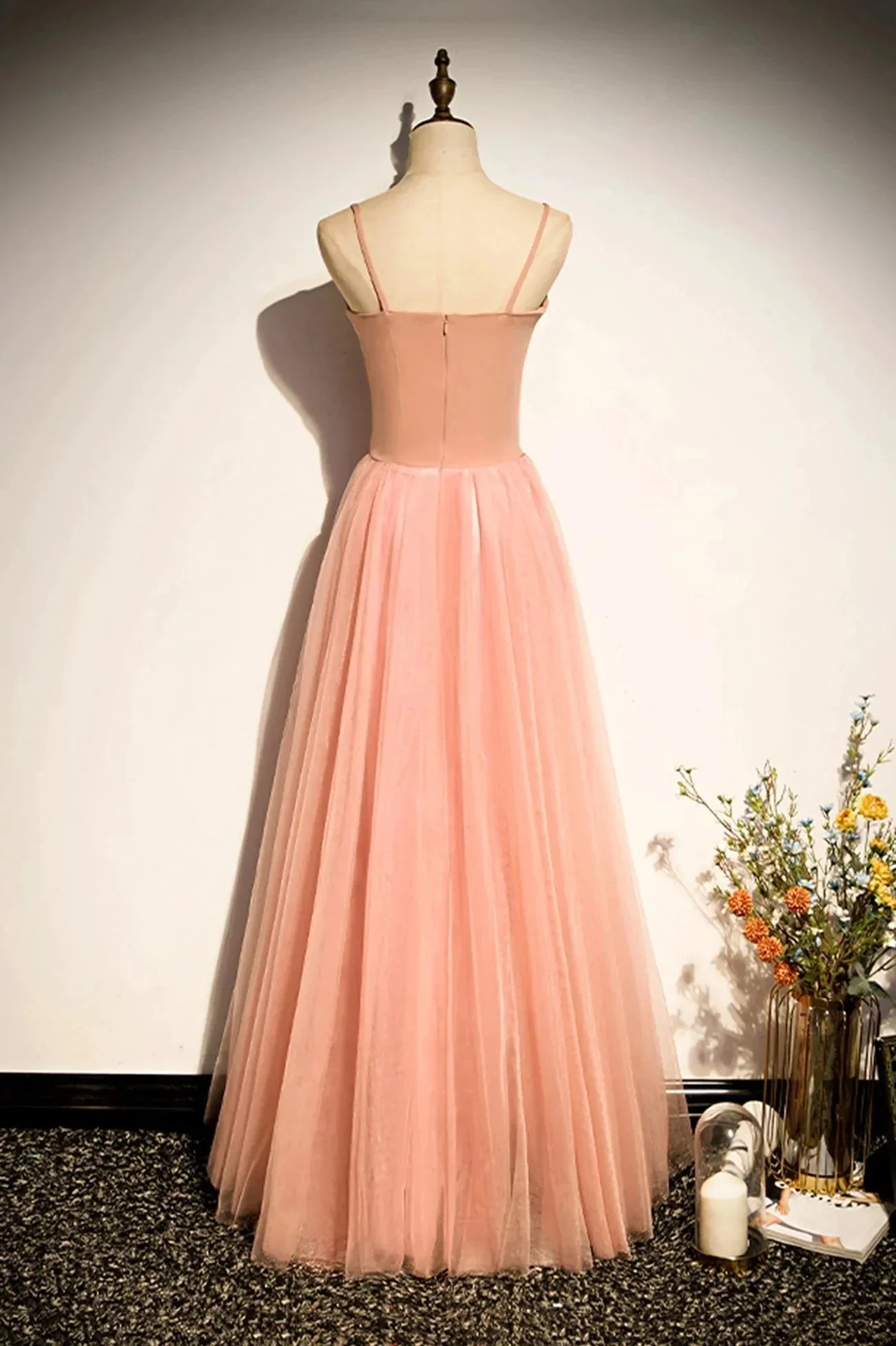 Pink tulle long prom dress A line evening dress s92 - Image 4