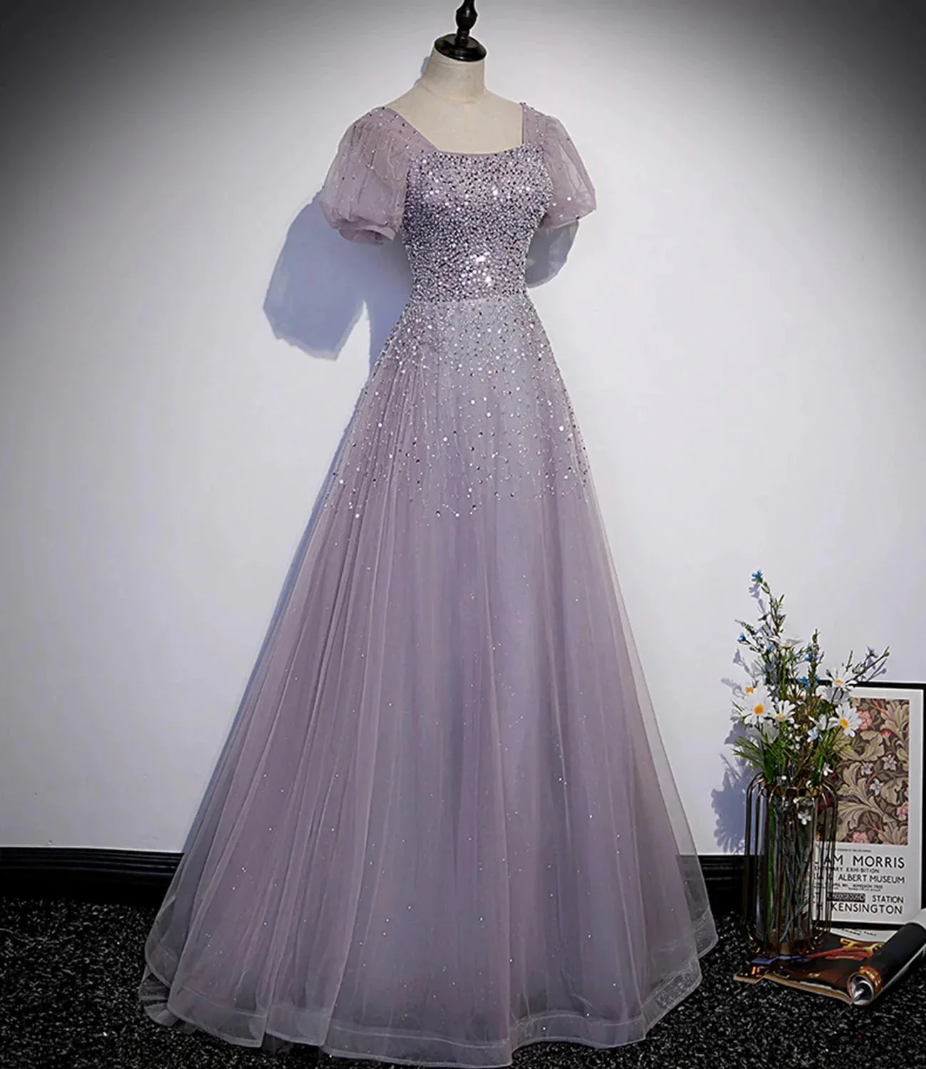 Purple tulle beads long prom dress A line evening gown s59 - Image 2