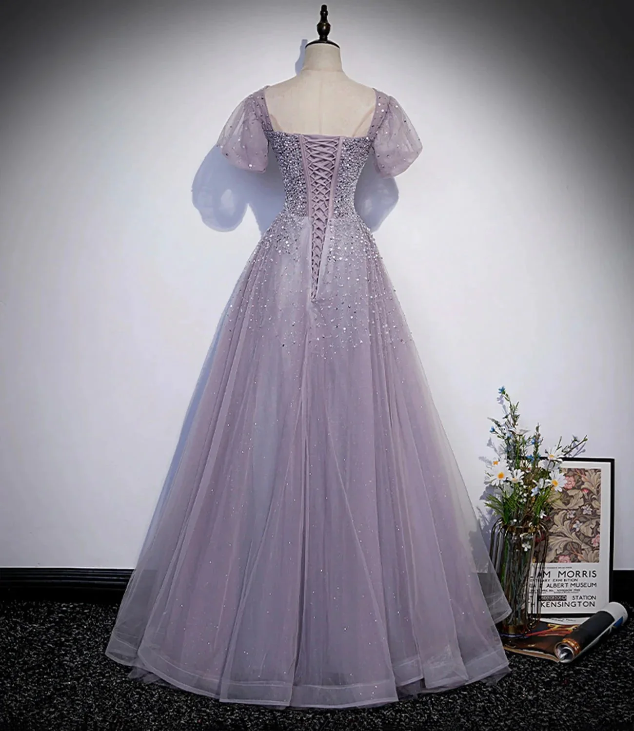 Purple tulle beads long prom dress A line evening gown s59 - Image 3