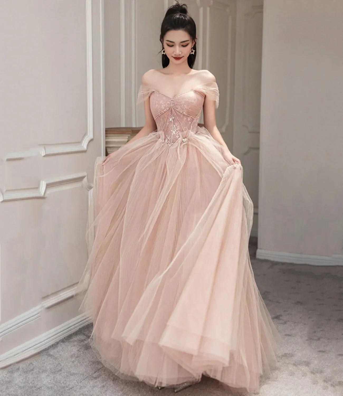 Pink Tulle Long Prom Dress Pink Evening Dress Y1825 - Image 4