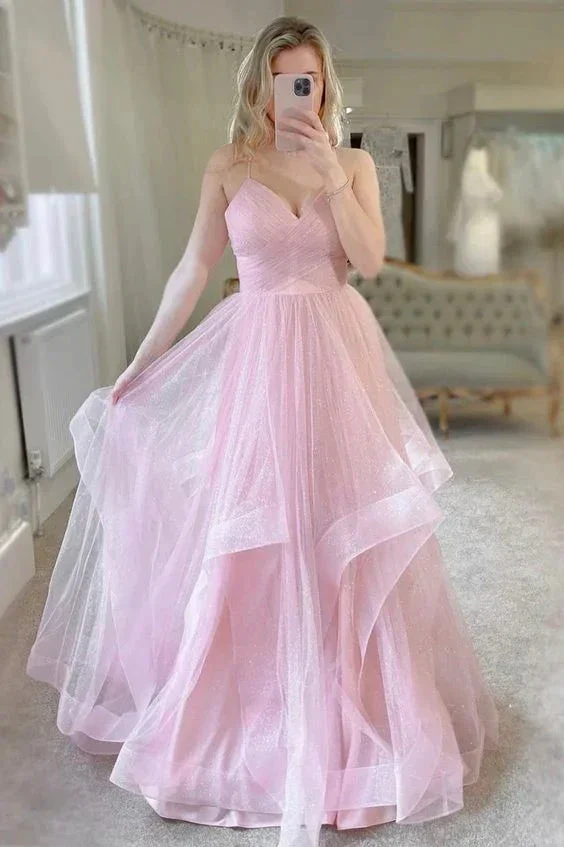 Pink Tulle Long Prom Dresses Sweet A-Line Evening Dresses Y6591 - Image 2