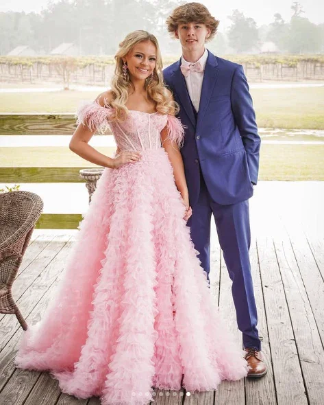 Pink Tulle Ruffled Gown Tulle Prom Dress Corset Tulle Evening Dress Y6093 - Image 3