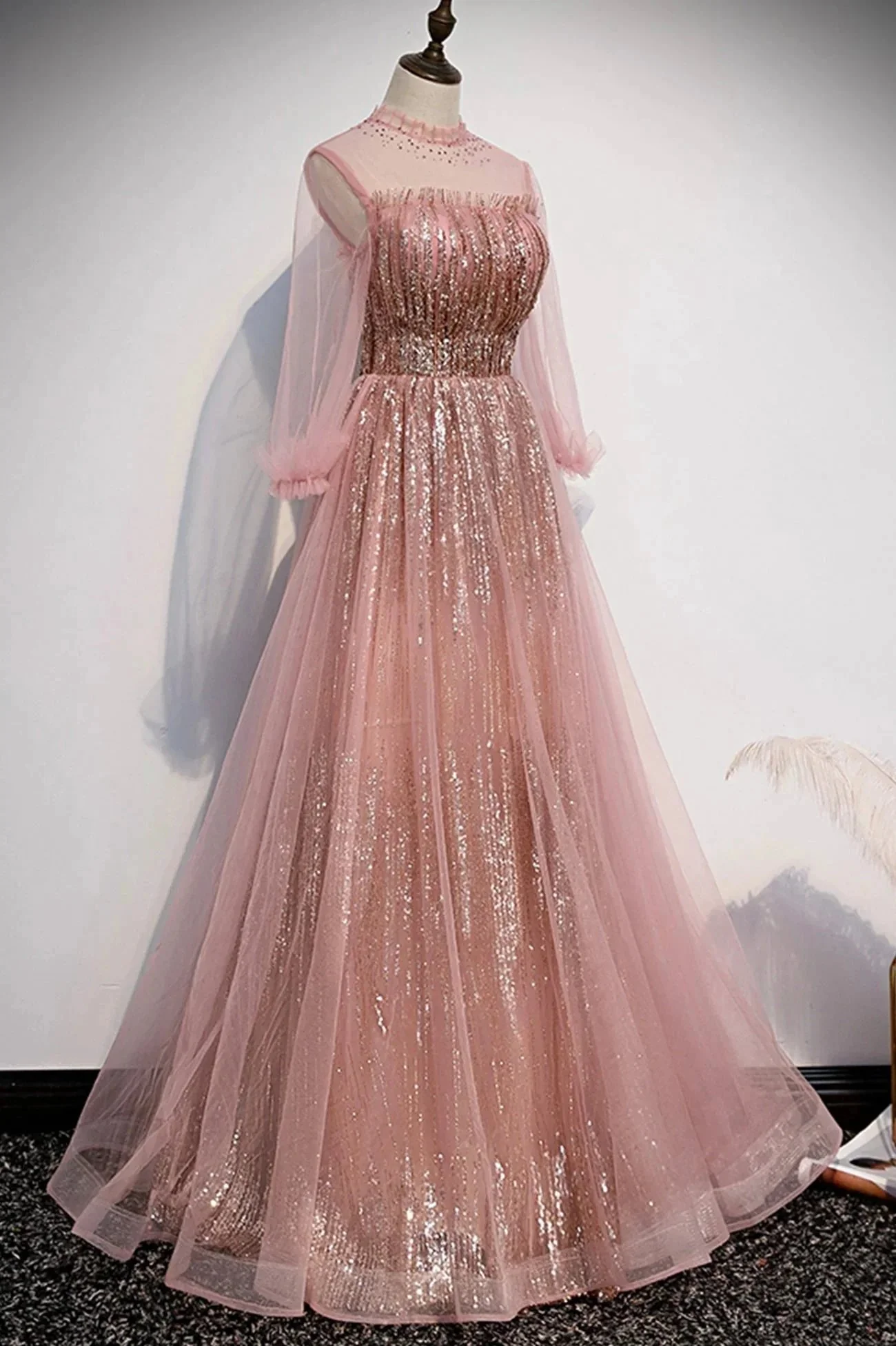 Pink tulle sequins long prom dress pink evening dress s109 - Image 2