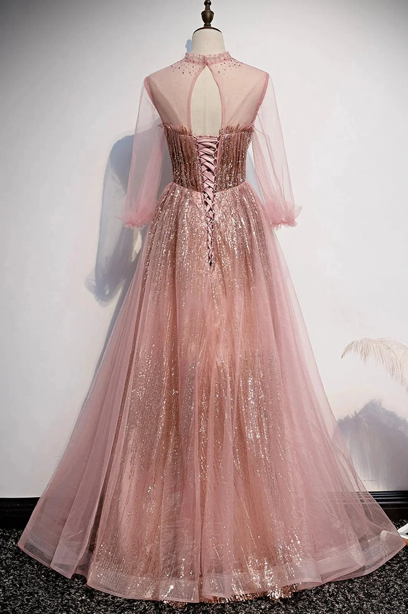 Pink tulle sequins long prom dress pink evening dress s109 - Image 3