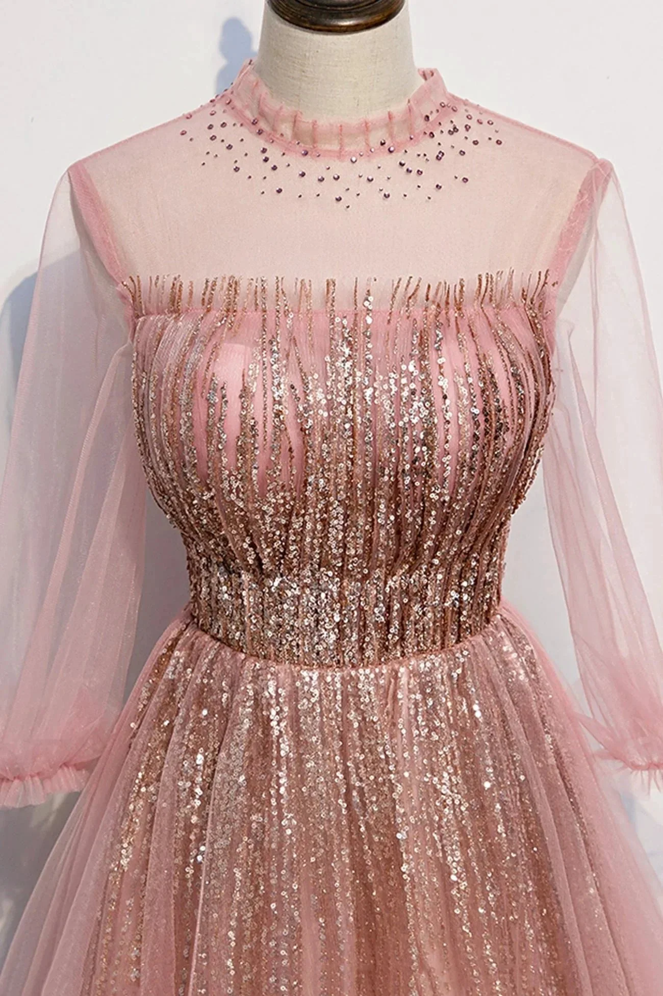 Pink tulle sequins long prom dress pink evening dress s109 - Image 4