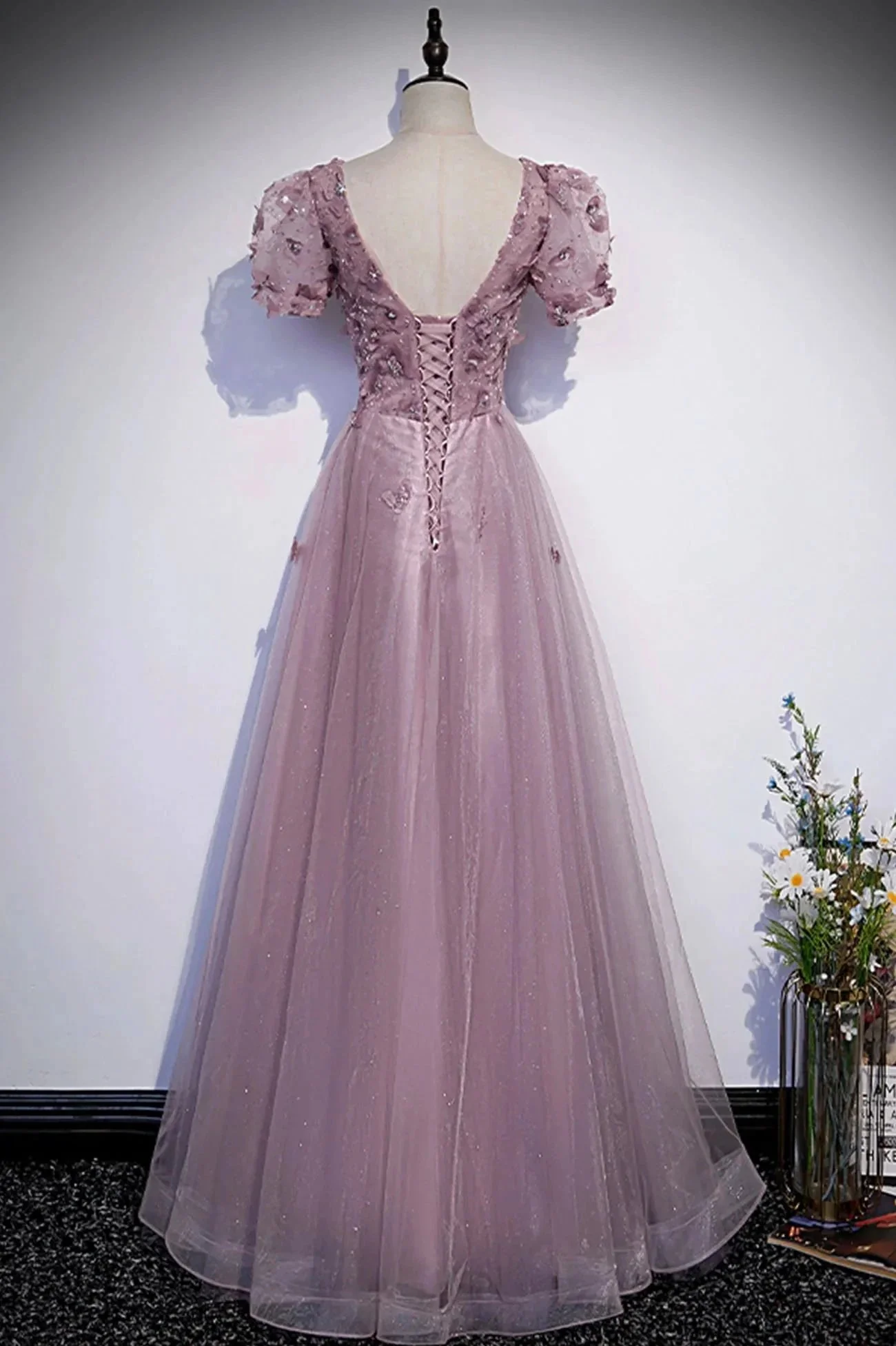 Pink tulle sequins long prom dress pink evening dress s61 - Image 2