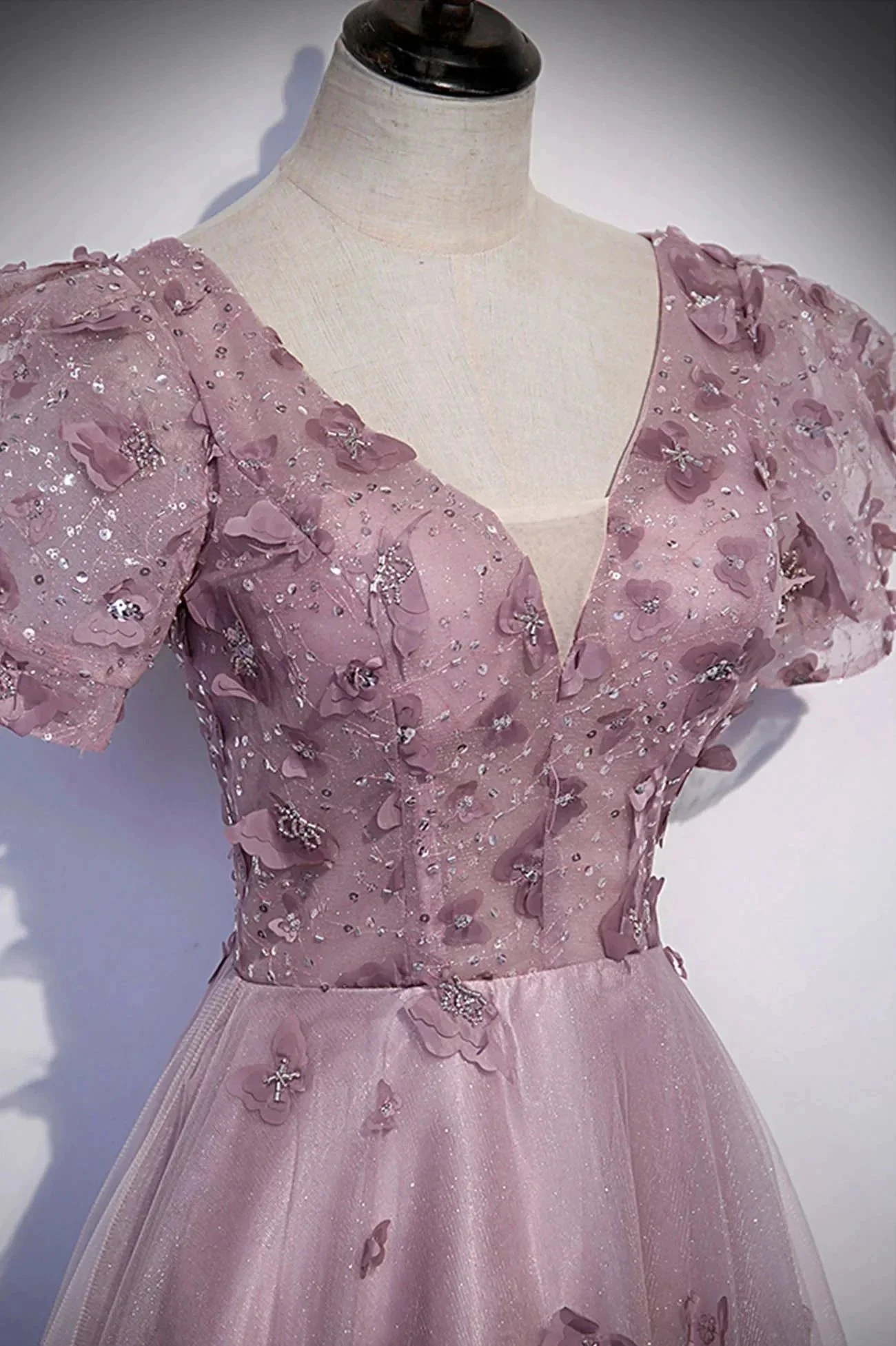 Pink tulle sequins long prom dress pink evening dress s61 - Image 3