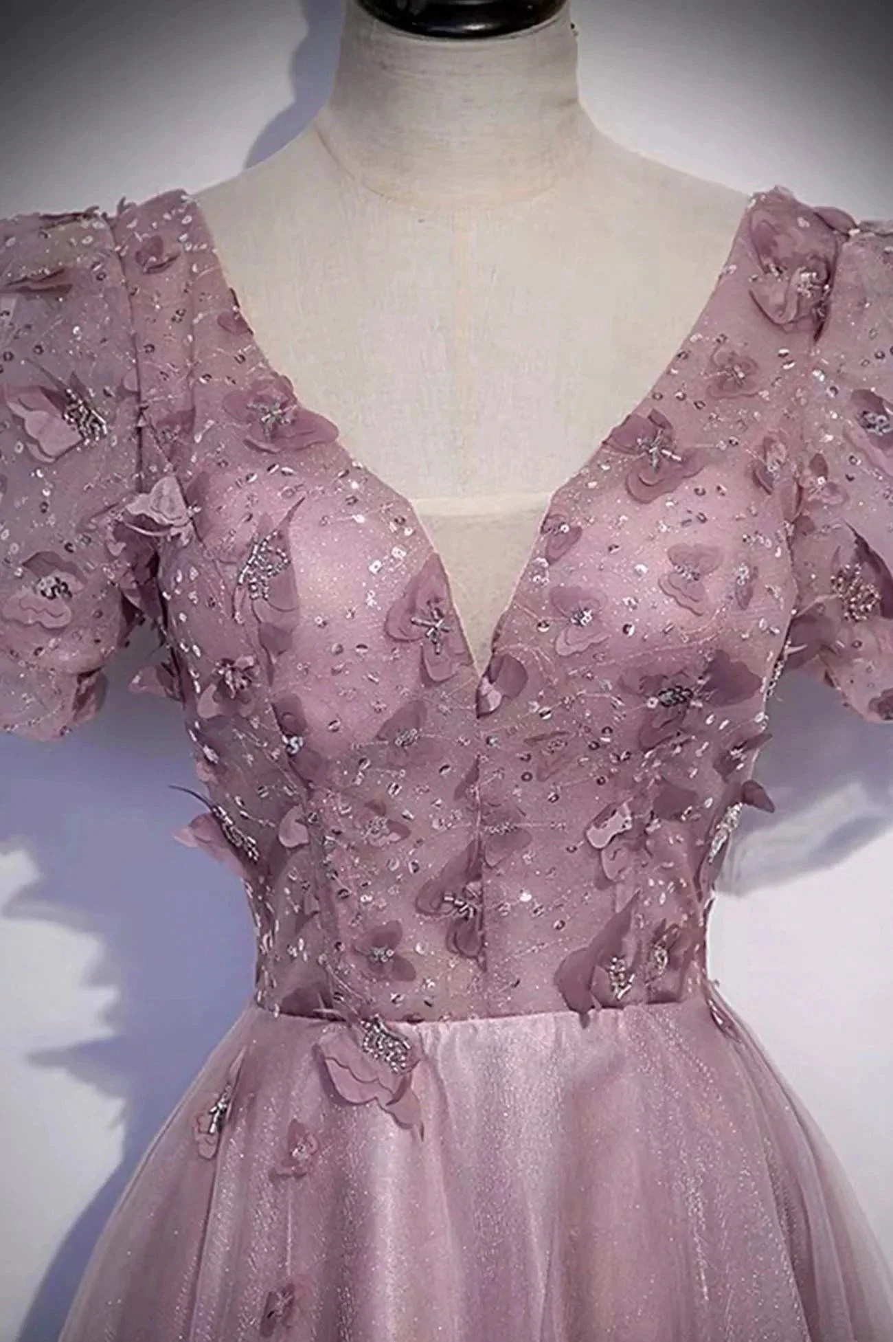 Pink tulle sequins long prom dress pink evening dress s61 - Image 4
