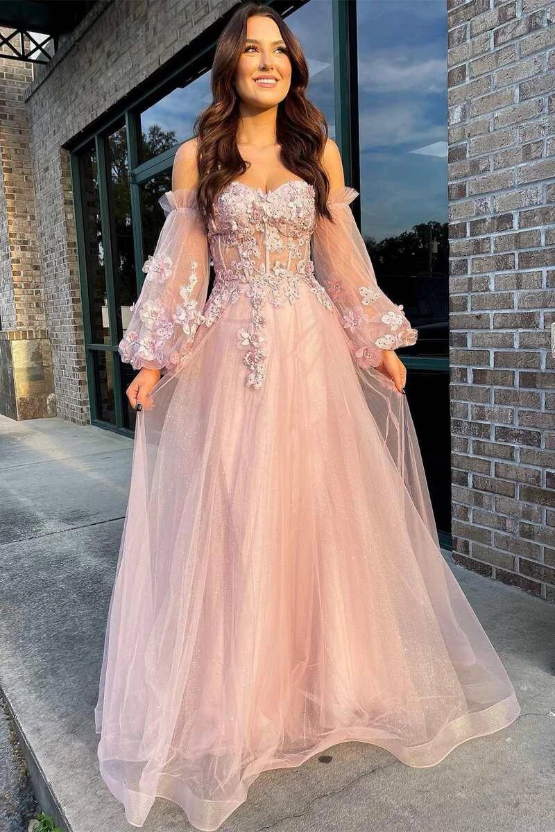 Pink Tulle Strapless A-Line Prom Dress with Balloon Sleeves - Image 2