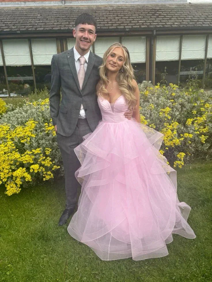Shiny Pink Tulle Tiered A Line Prom Dress Straps Evening Gown Y7932 - Image 2