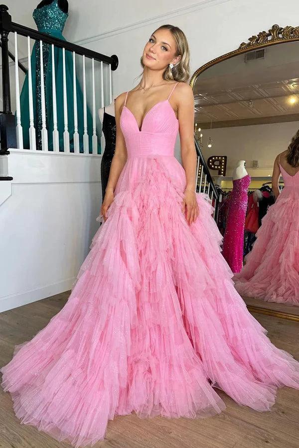 Pink V-Neck Empire Waist Tiered Long Prom Dress with Ruffles  PSK409 - Image 2