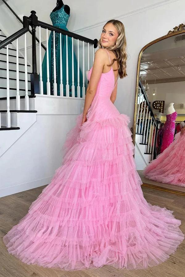Pink V-Neck Empire Waist Tiered Long Prom Dress with Ruffles  PSK409 - Image 3