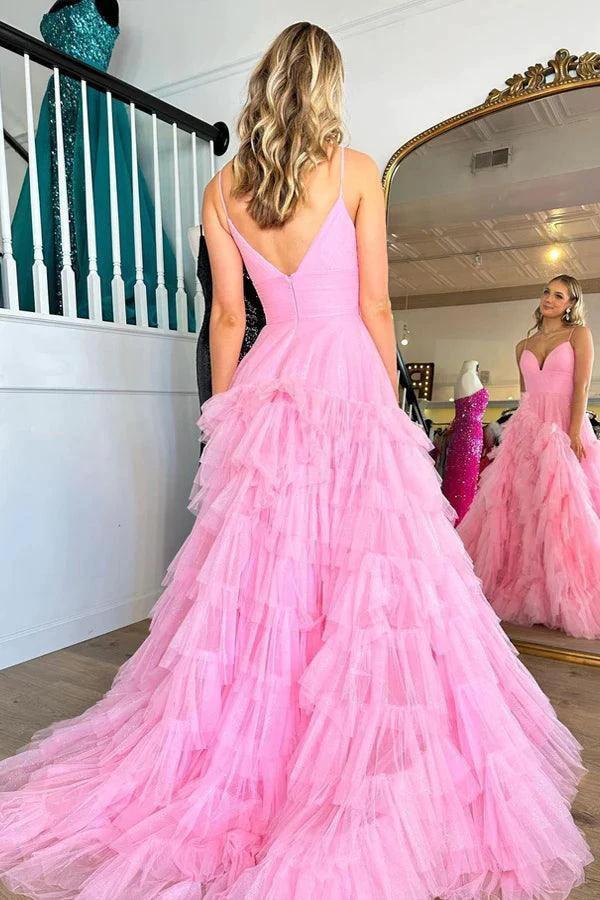Pink V-Neck Empire Waist Tiered Long Prom Dress with Ruffles  PSK409 - Image 4