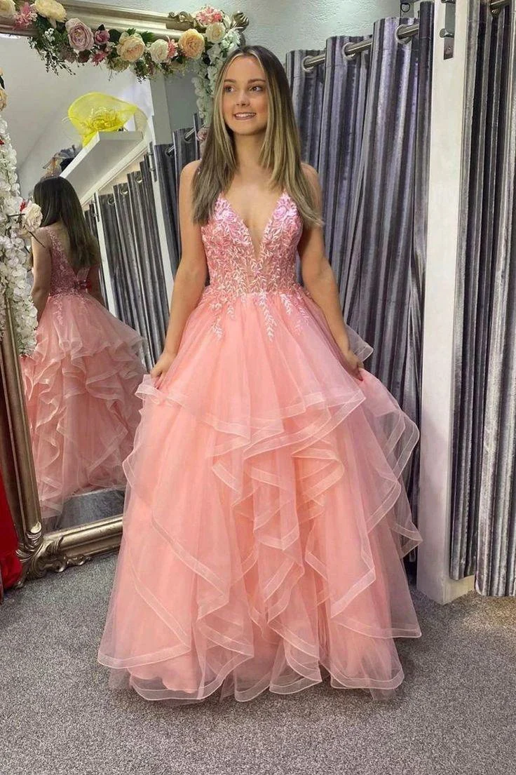 Pink V-Neck Lace Long Prom Dresses, A-Line Pink Evening Dresses Y1885 - Image 2