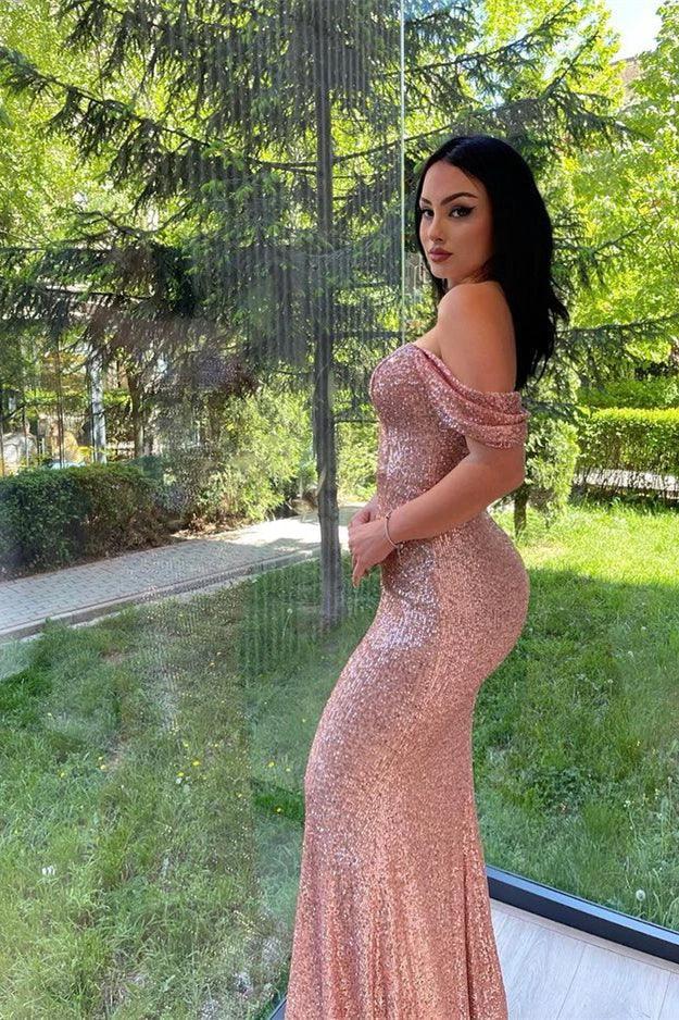 Pink V-Neck Long Sleeves Mermaid Prom Dress with Sequins - Image 2