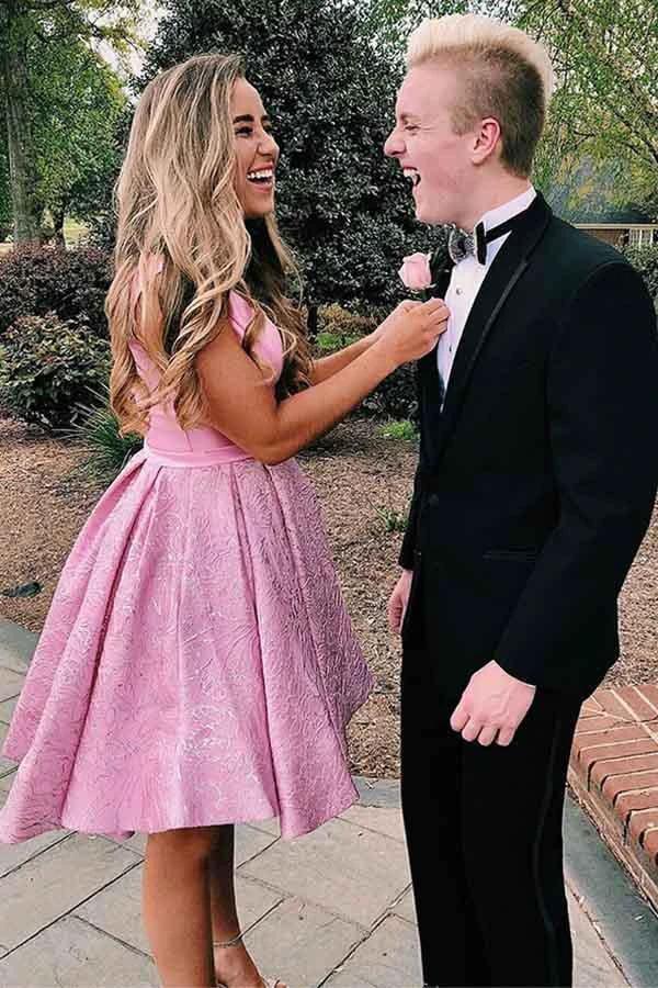 Pink V-Neck Pleated Satin Short Homecoming Dress With Pockets  PD278 - Image 3