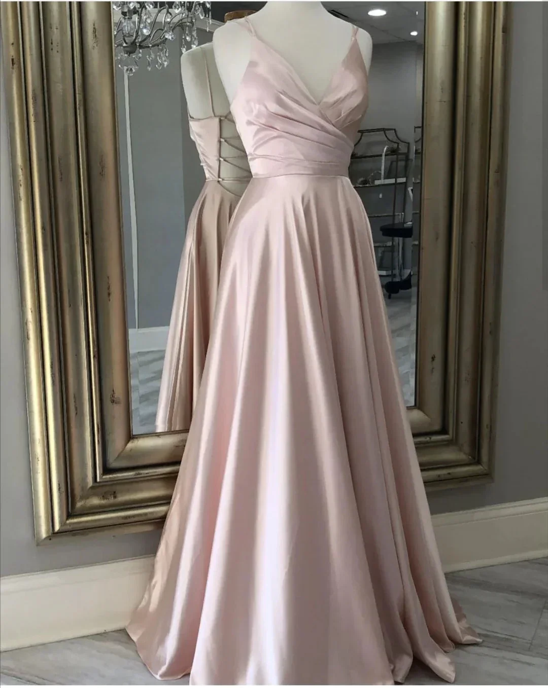 Pink V Neck Prom Dress Long Evening Dress with Tie Back Y848 - Image 2