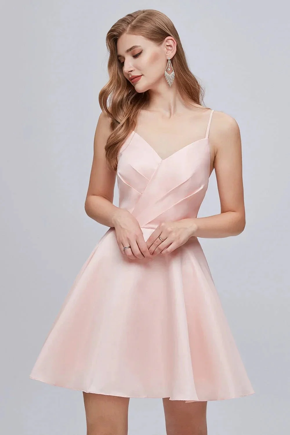 Pink V Neck Spaghetti Strap A Line Lace Up Short Homecoming Dresses - Image 2