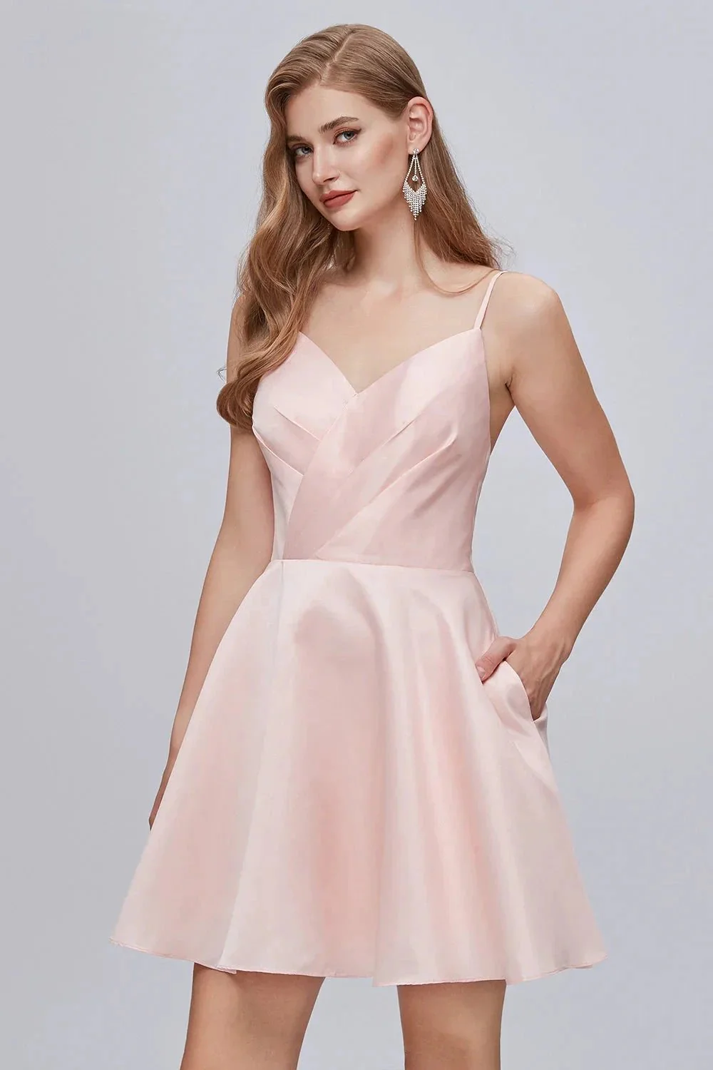 Pink V Neck Spaghetti Strap A Line Lace Up Short Homecoming Dresses - Image 3