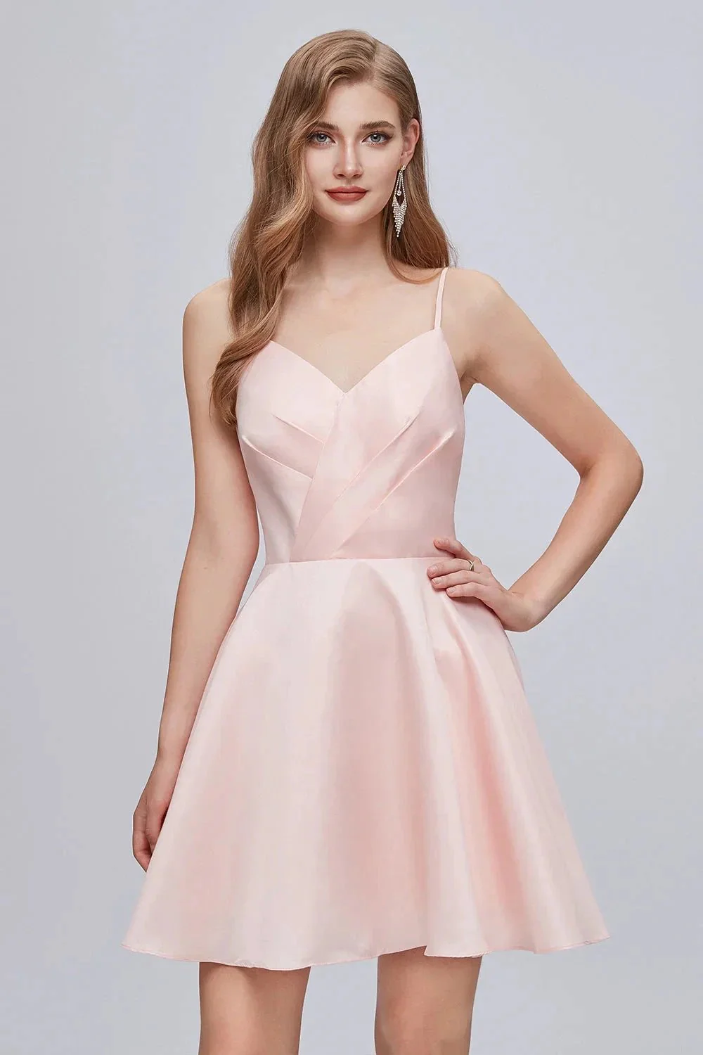 Pink V Neck Spaghetti Strap A Line Lace Up Short Homecoming Dresses - Image 4