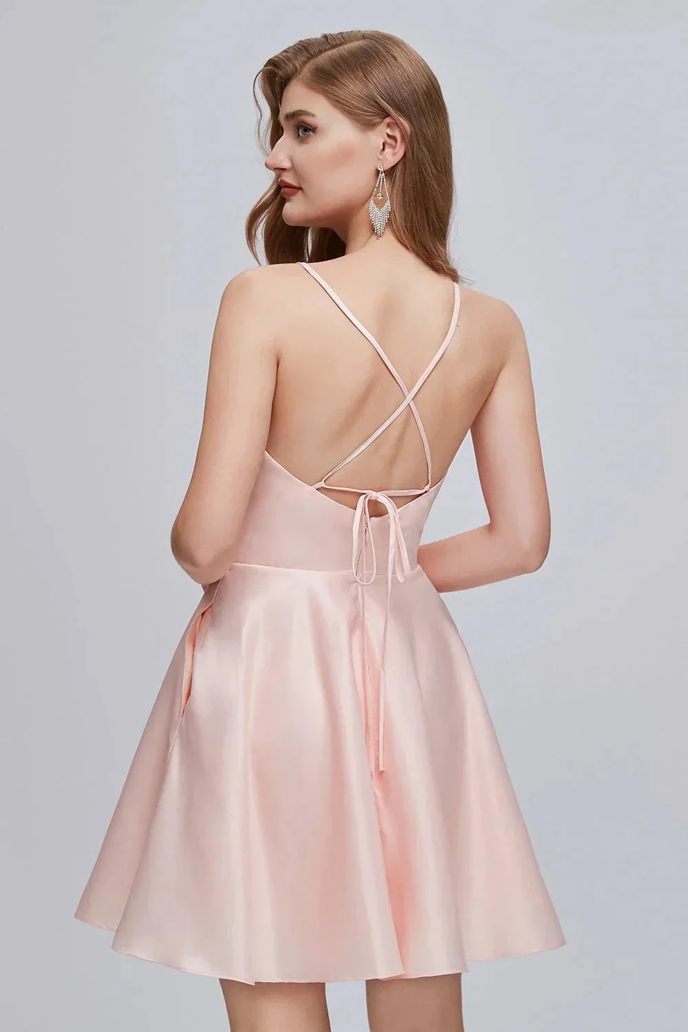 Pink V Neck Spaghetti Strap A Line Lace Up Short Homecoming Dresses - Image 6