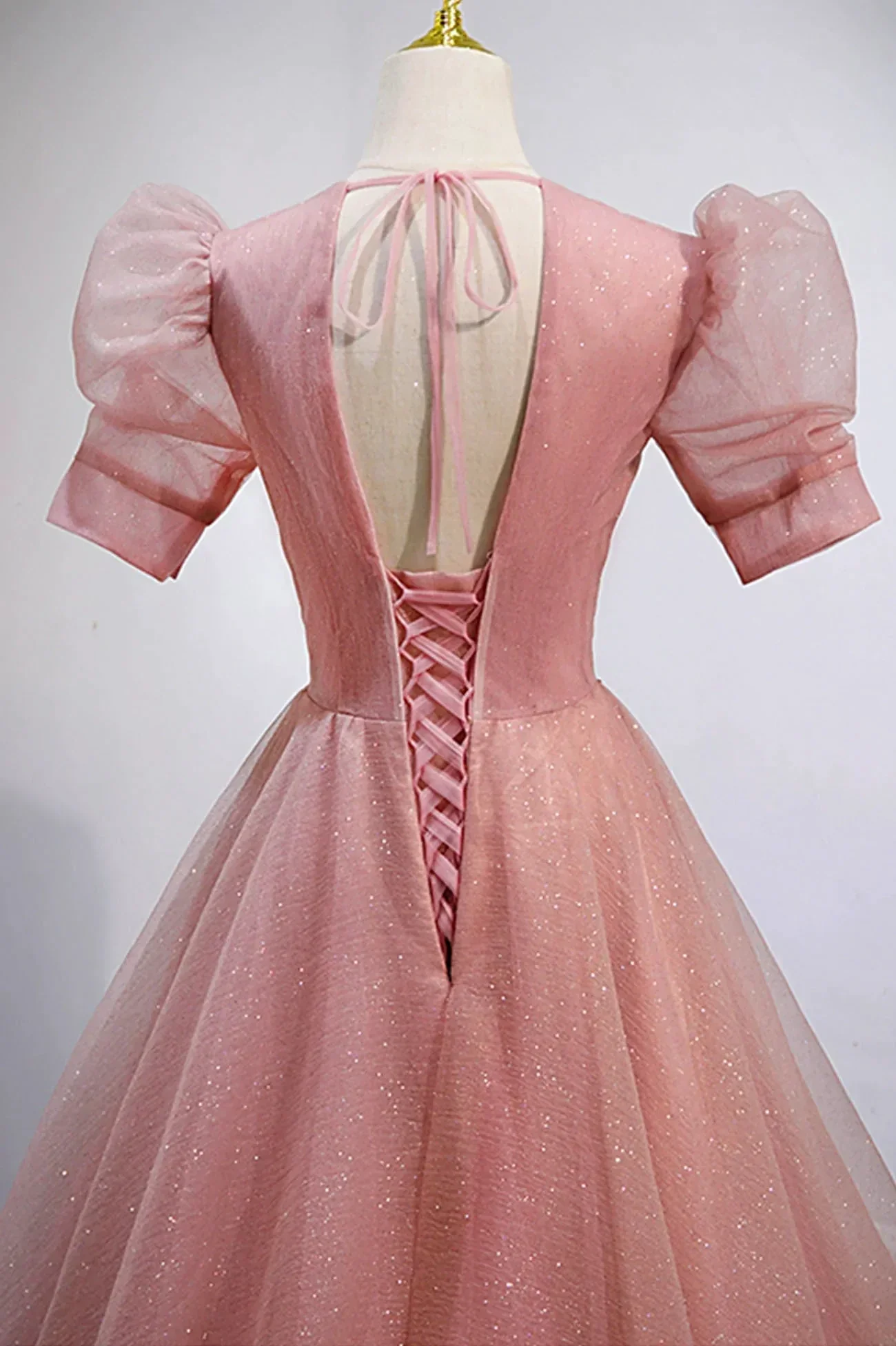 Pink V-Neck Tulle Long Prom Dresses A-Line Short Sleeve Evening Dresses Y892 - Image 2